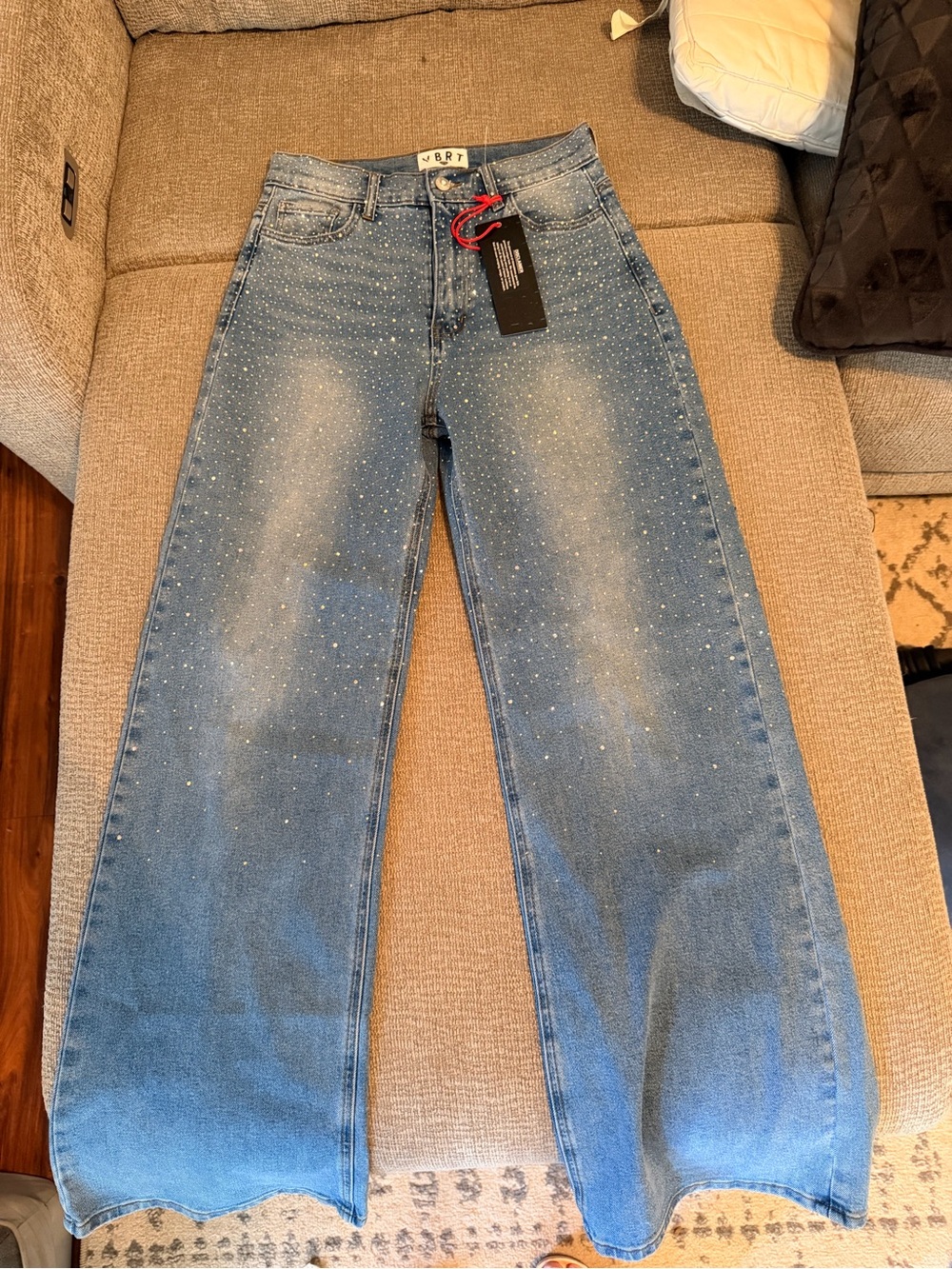 Vibrant Light Blue Wide-Leg Jeans with Crystals